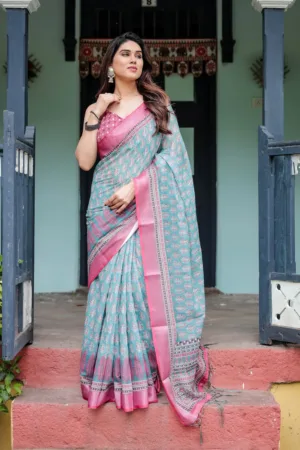 Aqua Blue Pure Cotton Linen Saree