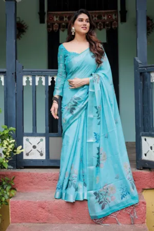Aqua Blue Pure Cotton Linen Saree