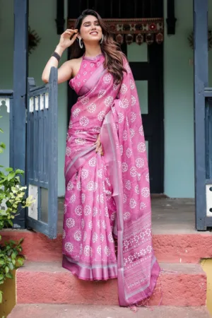 Magenta Pure Cotton Linen Saree