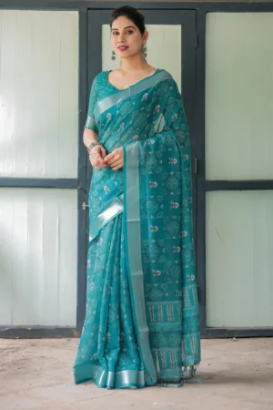 Teal Green Pure Cotton Linen Saree