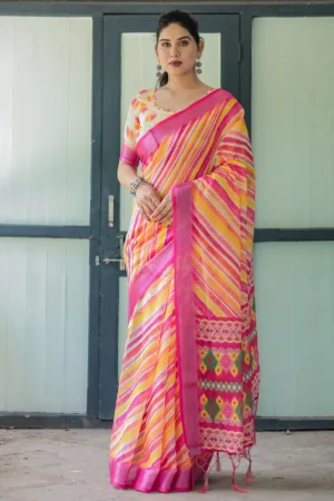 Vibrant Yellow and Pink Ikat Printed Cotton Linen Saree