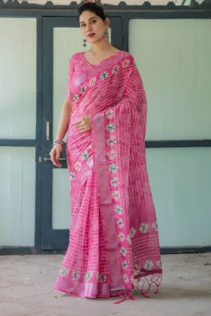Fuchsia Pink Handcrafted Cotton Linen Saree