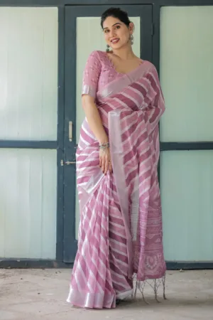 Purple Chevron Print Pure Cotton Linen Saree