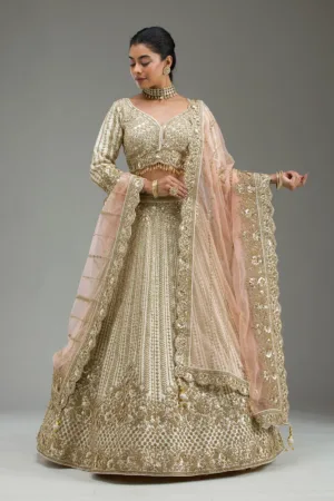 Cream Zariwork Raw Silk Readymade Lehenga