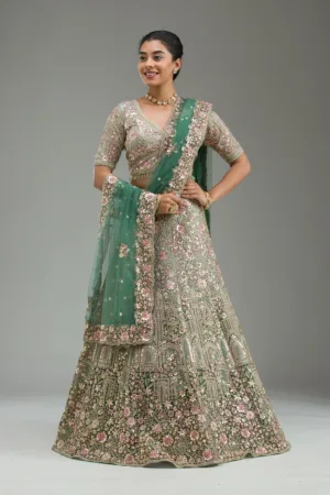 Sea Green Zariwork Tissue Semi Stitched Lehenga