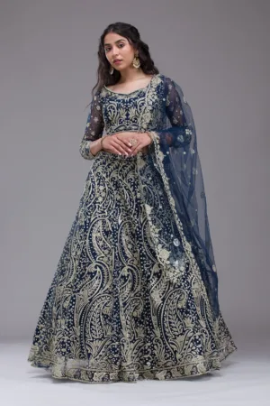 Peacock Blue Threadwork Net Readymade Lehenga