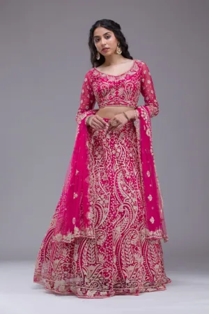 Rani Pink Threadwork Net Readymade Lehenga