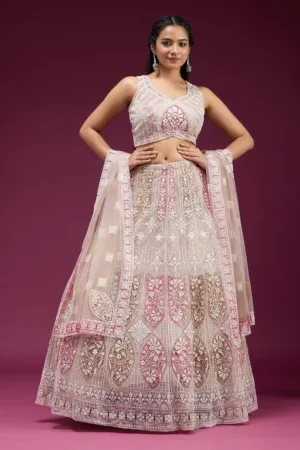 Beige Pearlwork Net Readymade Lehenga