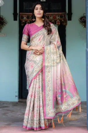 Lavender Beige Handloom Cotton Saree