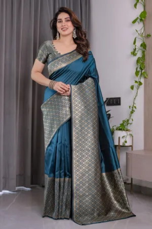 Teal Blue Pure Kanjivaram Silk Saree