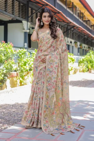 Ivory Beige Handloom Cotton Saree