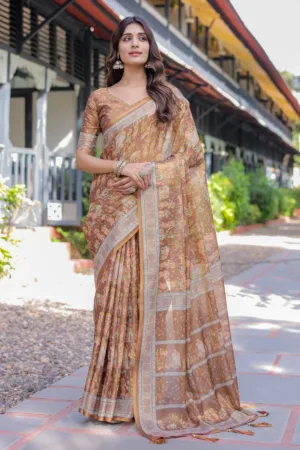 Royal Brown Procession Print Handloom Cotton Saree