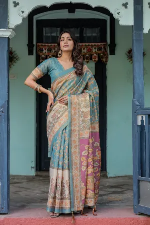 Turquoise Blue Handloom Cotton Saree