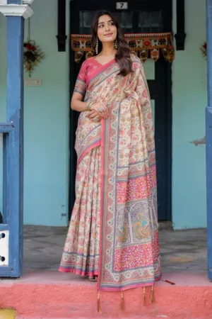 Ivory Pink Handloom Cotton Saree