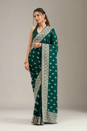 Bottle Green Stonework Chiffon Saree