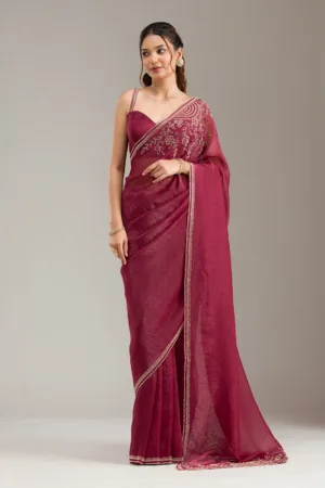 Maroon Stonework (Gold) Tissue Saree