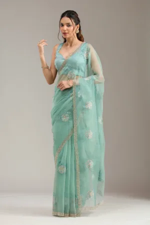 Sea Green Threadwork Chiffon Saree