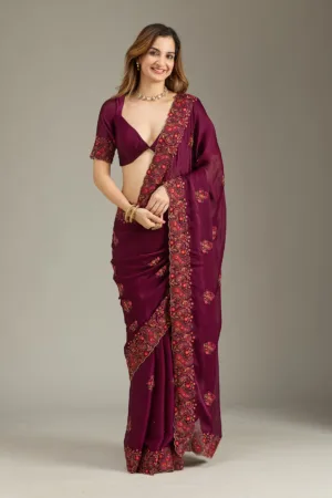 Wine Kashmiri Chiffon Saree