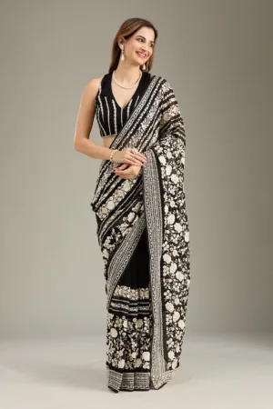 Black Threadwork Georgette Saree