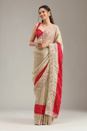 Beige Zariwork (Gold) Organza Saree