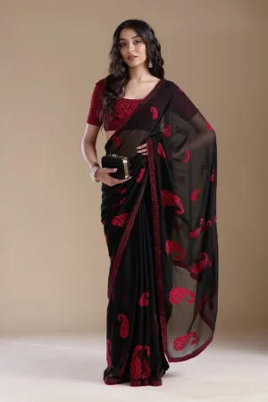 Black Threadwork Georgette Saree