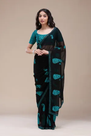 Black Threadwork Georgette Saree