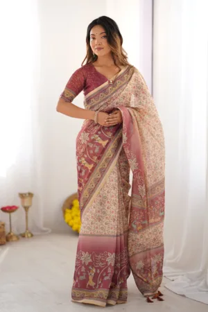 Beige & Mauve Handloom Cotton Saree