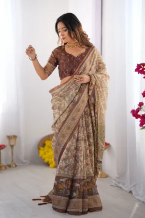 Beige & Brown Handloom Cotton Saree