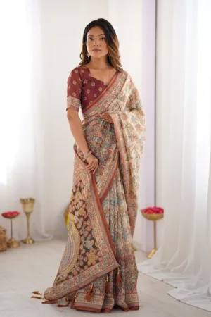 Beige & Maroon Handloom Cotton Saree