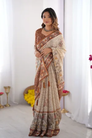 Elegant Beige & Brown Pure Linen Cotton Handloom Saree