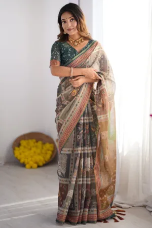 Teal Green & Brown Pure Linen Cotton Handloom Saree