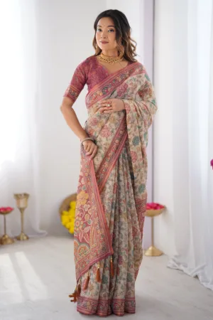 Cream & Pink Handloom Cotton Saree