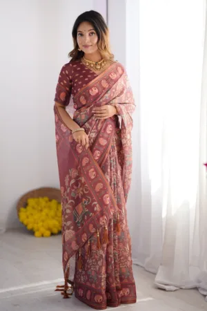 Maroon Pure Linen Cotton Handloom Saree