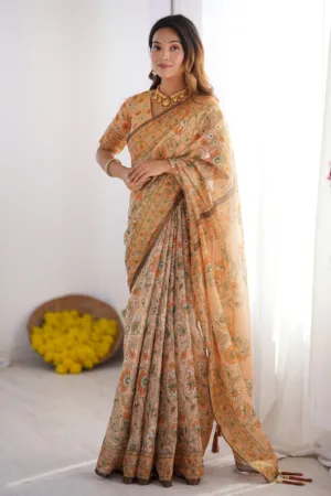 Peach Orange Pure Linen Cotton Handloom Saree