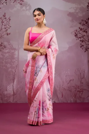 Baby Pink Printed Georgette Saree