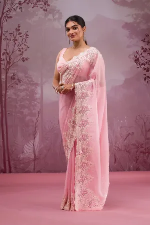 Baby Pink Threadwork Georgette Saree