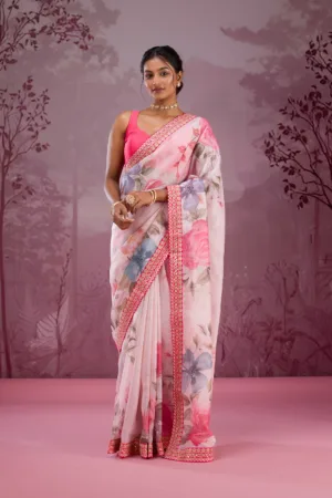 Cream Printed Georgette Saree