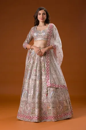 Beige Gotapatti Net Readymade Lehenga