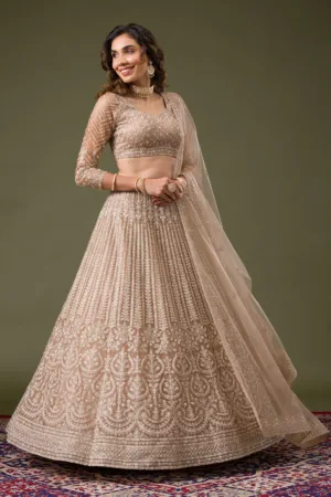 Beige Silver Stonework Net Readymade Lehenga