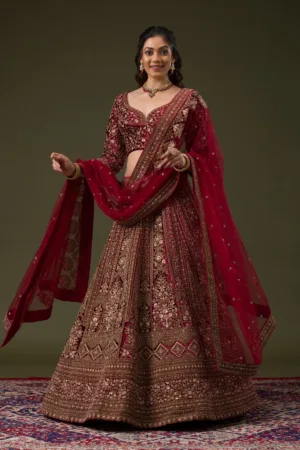 Maroon Zariwork Velvet Readymade Lehenga