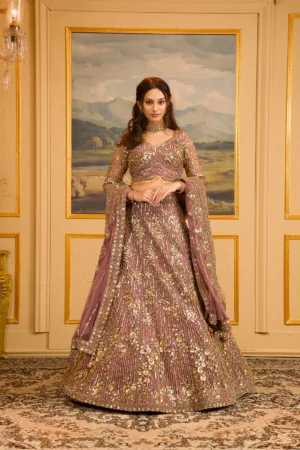 Mauve Zariwork Net Readymade Lehenga