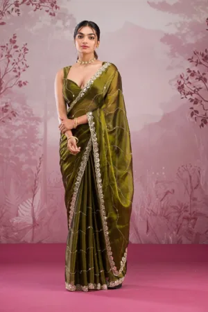 Mehendi Mirrorwork Tissue Saree