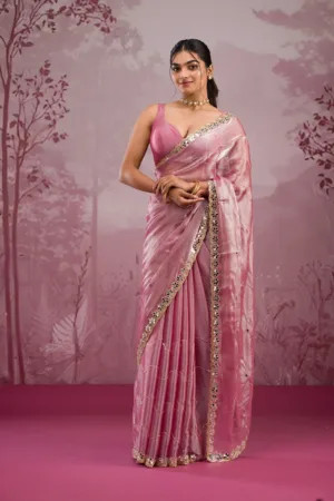 Onion Pink Mirrorwork Tissue Saree