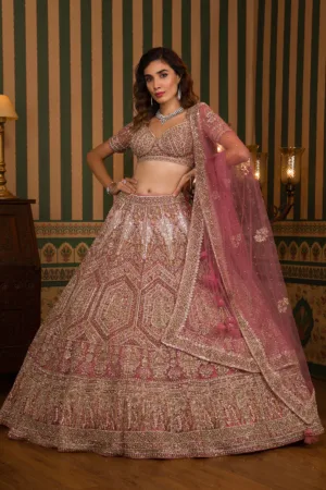 Onion Pink Stonework Net Readymade Lehenga
