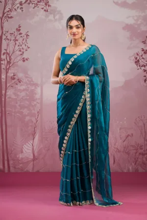 Peacock Blue Mirrorwork Tissue Saree