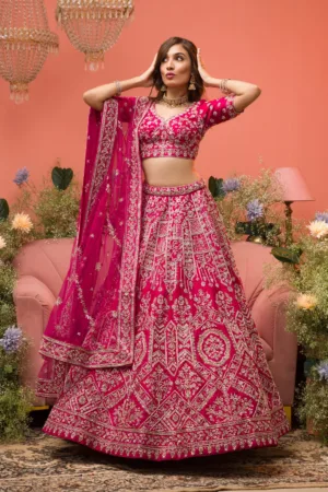 Rani Pink Zardosi Raw Silk Semi Stitched Lehenga