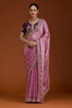 Onion Pink Sequins Tissue Saree