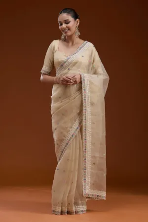 Beige Threadwork Tissue Saree