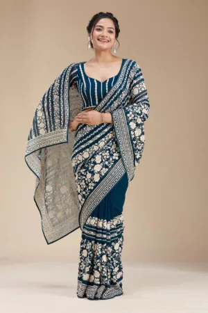 Peacock Blue Threadwork Georgette Saree