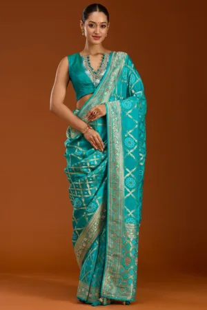 Turquoise Blue Stonework Silk Saree